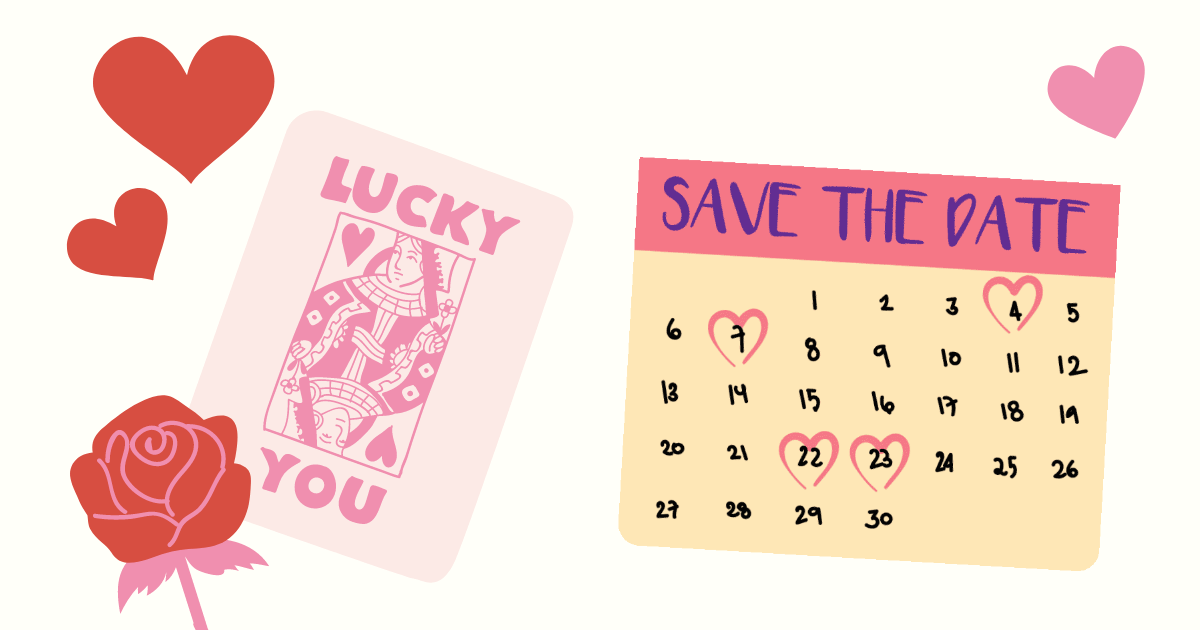 デートの予定をハートマークで書いたカレンダーとラッキーカード